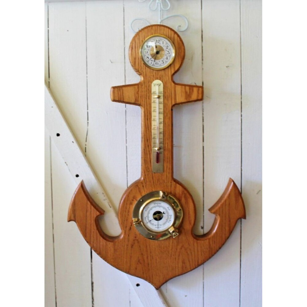 Rare Vintage Wood Carved Anchor Millibars Barometer Weather/Time 22" Tall